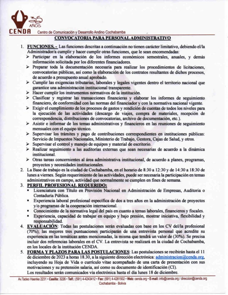 CENDA: CONVOCATORIA PARA PERSONAL ADMINISTRATIVO