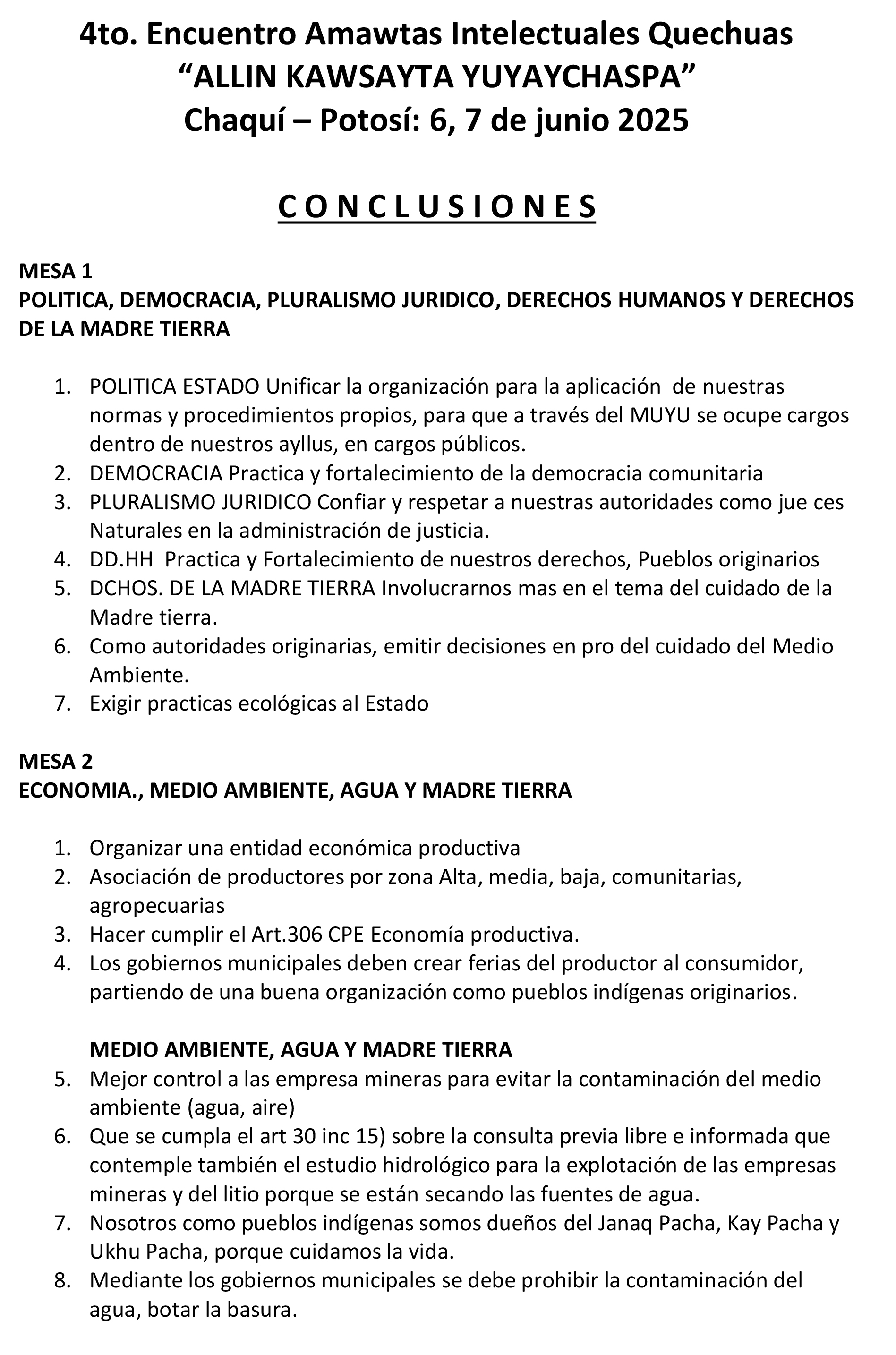 CONCLUSIONES 4TO. ENCUENTRO QUECHUAS 1